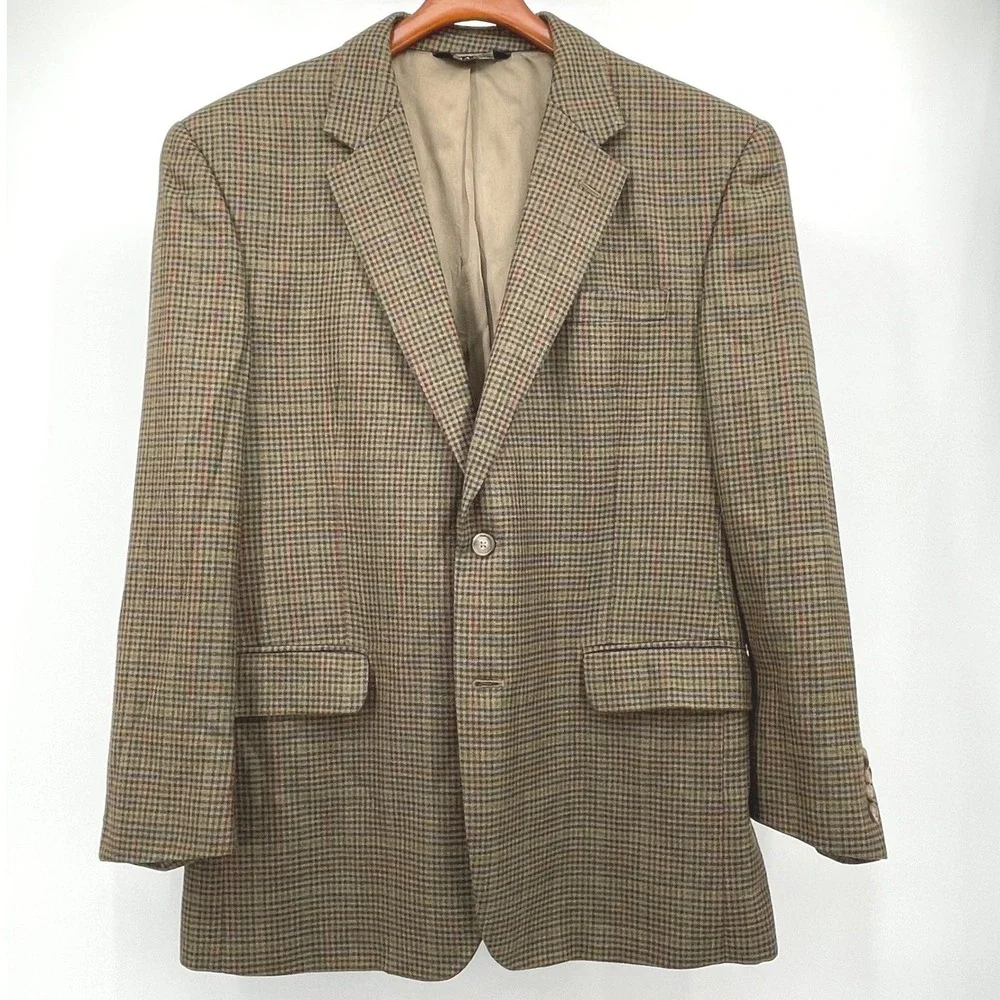 Jos A Bank 44R Sport Coat Blazer 100% Wool‎ Brown Multi Guncheck Plaid 2-Button